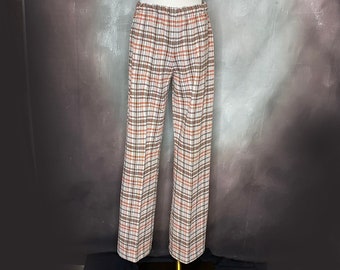 Pantalones de campana para mujer de los años 70, pantalones de campana de poliéster a cuadros marrones, pantalones acampanados de cintura elástica, pantalones de pierna ancha, talla pequeña