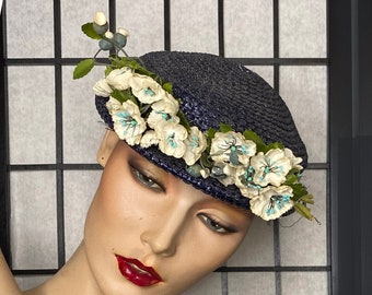 Vintage Navy Straw Boater Hat, 50's Boater Hat with Flower Band, Vintage Floral Hat, Flower Hat, Women's Vintage Hat, 50's Flower Hat