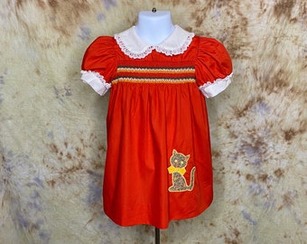 80's 3T Short Sleeve Red Dress, Smocked Red Dress, Toddler Dress, Cat Theme Dress, Red with White Lace Dress, 80s Sears 3T Dress