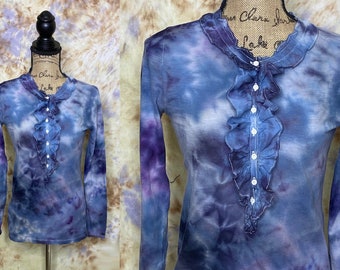 IJsgeverfde katoenen gebreide top met lange mouwen, blauwpaars Lightning, klein, Ann Taylor Loft