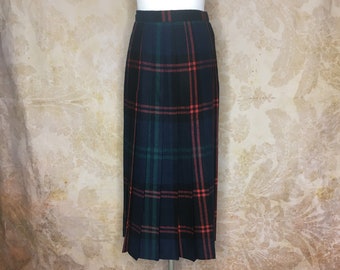 Vintage Wool Plaid Skirt, Jones New York, 1980's, Blue Green Red Tartan Plaid, Small