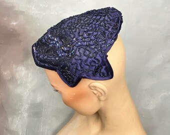 Vintage Women's Hat, 50's Women's Hat, Vintage Navy Beaded Caplet, Beaded Juliet Style Hat, 50's Half Hat, Navy Bead and Satin Hat