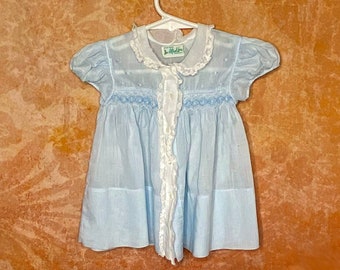 Vintage Size 3 Months Baby Dress, 50s 3 Month Dress, Blue Cotton Baby Dress, Alfred Leon Original Philippines Baby Dress, Ruffled Baby Dress