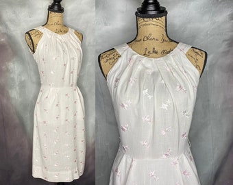 60's White Linen Wiggle Dress with Pink Embroidery, Halter Neckline, Knee Length, Small