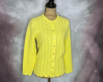 60's  Yellow Orlon Acrylic Cardigan, Marvin Knitting Mills NY, Small