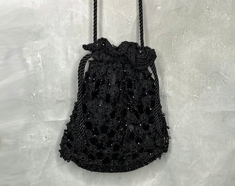 Vintage Black Crochet Drawstring Bag, Crossbody Drawstring Bag, Black Beaded Pouch Purse, Rayon Crochet Bag, Black Fabric Crossbody Bag