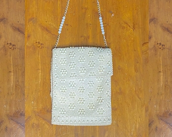 Vintage Beaded Bag, Shoulder Bag, White Beaded Bag, Beaded Shoulder Bag, White Bag, White Beaded Shoulder Bag, 60s Beaded Shoulder Bag