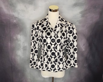 Veste en coton noir et blanc pour femme, veste à imprimé géométrique noir et blanc, veste à imprimé gros pois, veste à taille ajustée, moyen