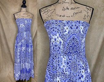 Vestido maxi de rayon sem alças dos anos 80/90, pequeno/médio