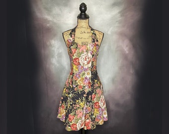 80's Halter Party Dress, Fit and Flare, Petticoat, Bold Floral Print, D.B.A L A, Small