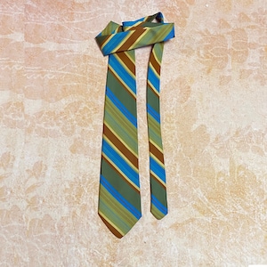 70's Wide Stripe Dacron Tie in Green, Blue, Brown and Yellow, Superba, 3 1/2" Wide