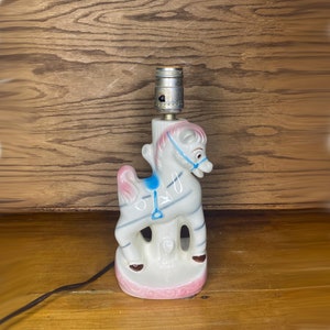 Vintage Pony Nursery Lamp, Ceramic Pony Lamp, Pink and Blue Zebra Lamp, Carousel Horse Lamp, 60&#39;s Pony Lamp, 50&#39;s Carousel Lamp