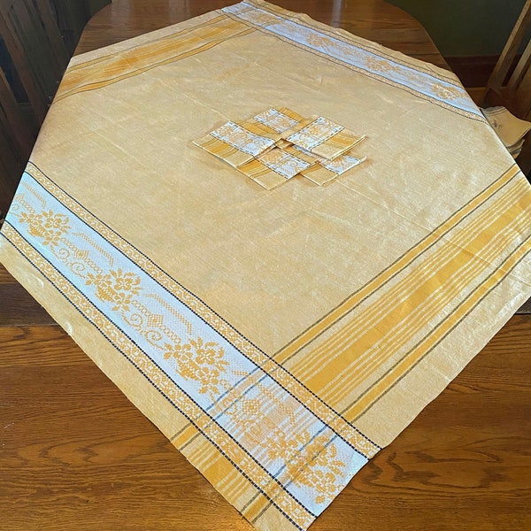 70's Gold Cotton Plaid and Damask Tablecloth and 5 Napkins, Made in Slovakia