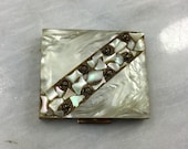 Vintage Compact, Tradition, 1960 39 s, Square, Faux Mother of Pearl with Carved Metal Roses, Powder Compact, Puff