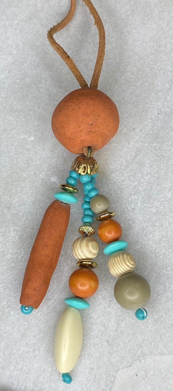 80's Stacked Wood and Ceramic Bead Pendant on Lea… - image 3