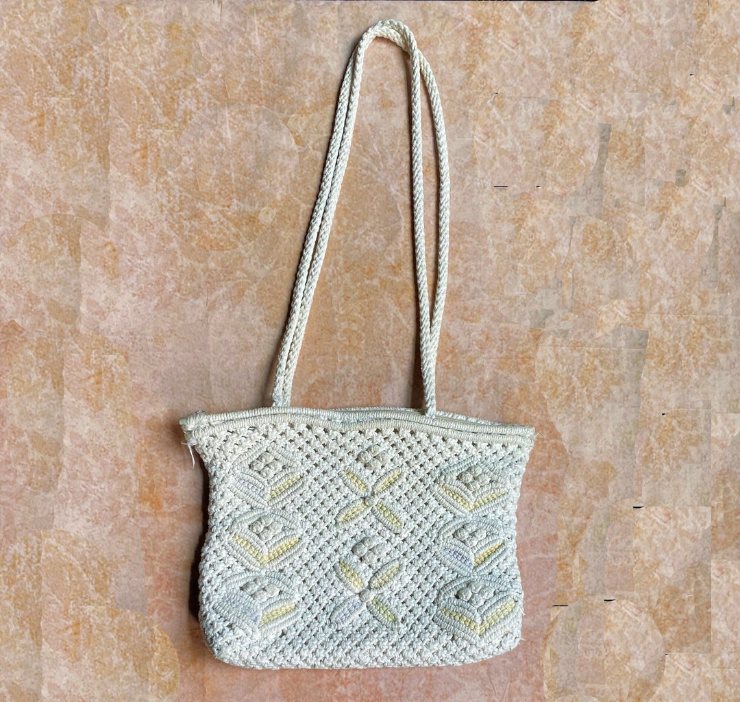Vintage Cotton Shoulder Bag, White Woven Shoulder Bag, White and Yellow — free download