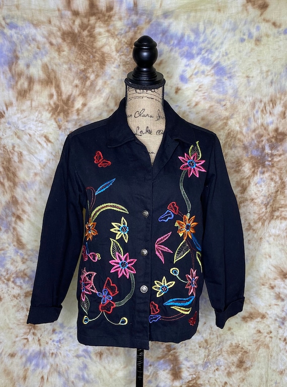 90's Women's Black Cotton Jacket with Neon Embroi… - image 2