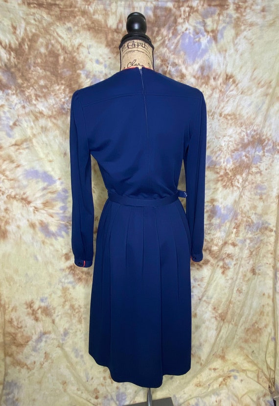 70's Navy Belted Knit Knee Length Dress, Schrader… - image 4