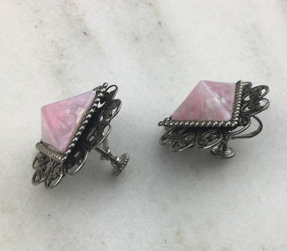 80's Vintage Pink Stone Screw Back Earrings, Pink… - image 2