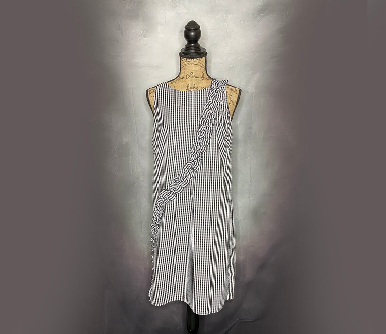London Times Sleeveless Dead Stock Black and White Check Vintage Dress Ruffle MediumLarge 1990/'s