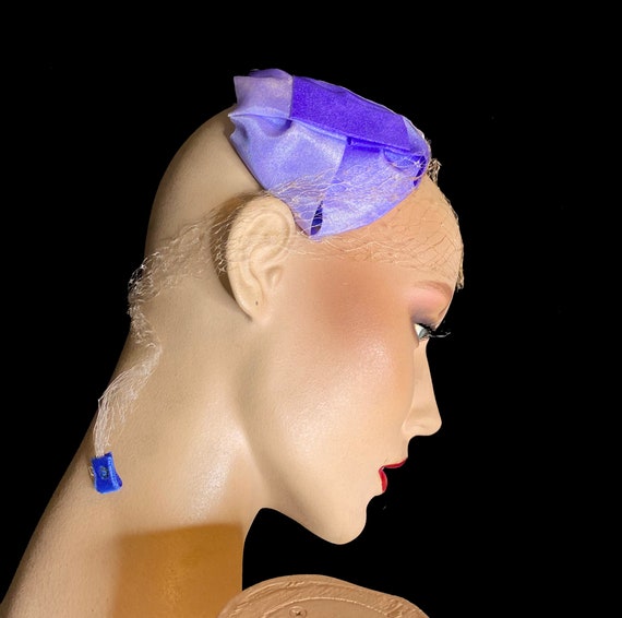 50's Blue Half Hat, Netting, Veil, Ties - image 1