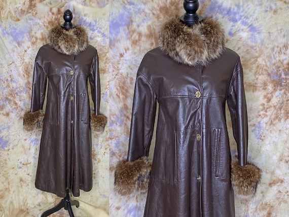 60's Leather Midi Coat with Fox Collar and Cuffs,… - image 1