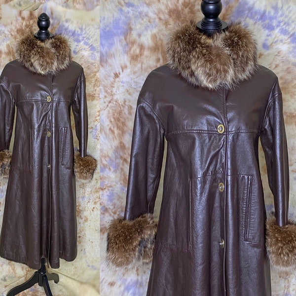 60's Leather Midi Coat with Fox Collar and Cuffs, Sills Designed by Bonnie Cashin, Small/Medium