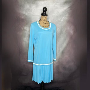 Vintage Dress, Drop Waist Dress, Knee Length Dress, Blue Polyester Dress, 70&#39;s Dress, Pleated Skirt Dress, Long Sleeve Dress, Sacony, Large