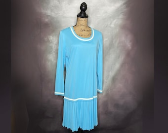 70's Drop Waist Blue Polyester Midi Dress with White Accents and Pleated Skirt, Long Sleeve, Sacony, Medium/Large