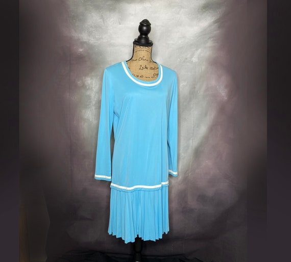 Vintage Dress, Drop Waist Dress, Knee Length Dress, Blue Polyester Dress,  70's Dress, Pleated Skirt Dress, Long Sleeve Dress, Sacony, Large