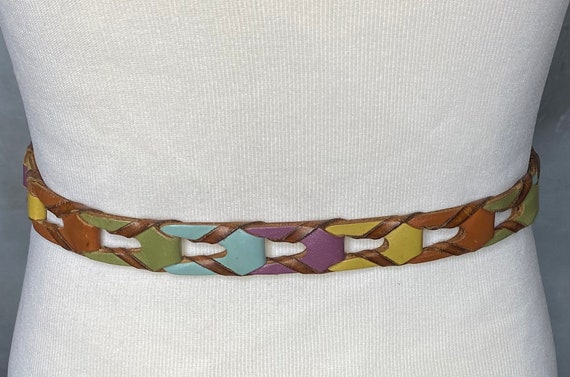 80's Vintage Leather Belt, Multicolor Woven Leath… - image 3