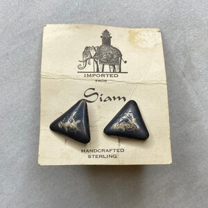 Boutons de manchette en argent du Siam des années 40, boutons de manchette en argent sterling vintage, boutons de manchette en argent niellé, bouton de manchette triangle, boutons de manchette danseur déesse du Siam