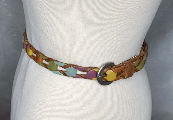 80's Vintage Leather Belt, Multicolor Woven Leath… - image 2