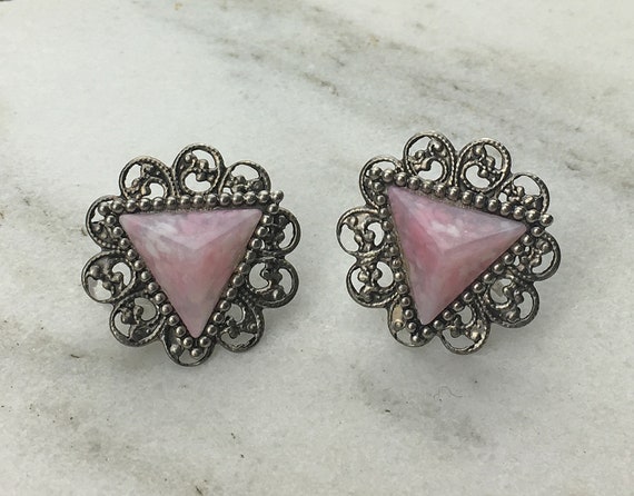 80's Vintage Pink Stone Screw Back Earrings, Pink… - image 1