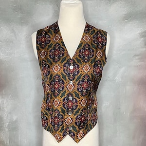 Womens Silk Vest, Classique Entier Vest,Lined Silk Vest, Multicolor Paisley Vest, Gold Print Silk Vest, Button Up Womens Vest, 90s Silk Vest