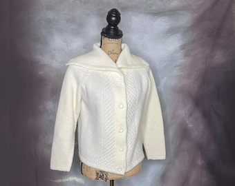 60's White Shawl Collar Acrylic Knit Cardigan, Symphony, Medium