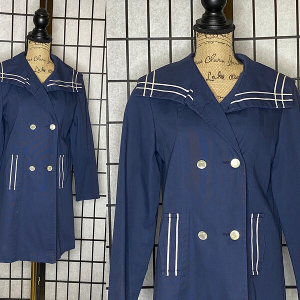 70's Navy Raincoat with Middy Collar and Nautical Trim, Wave Crest Togs, Small