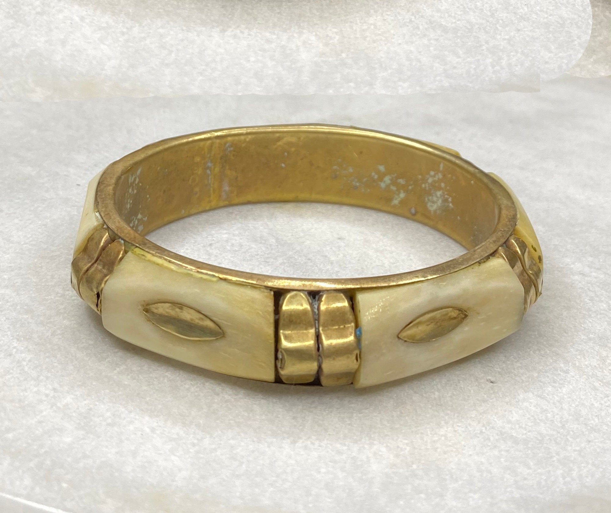 Vintage Bone and Brass Bangle Bracelets 1960's Inlaid Etsy