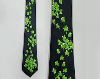 Vintage Shamrock Tie, Green on Black Shamrock Tie, Irish Tie, St. Patrick's Day Tie, Cotton Blend Tie, 4 Leaf Clover Tie, Shamrock Necktie