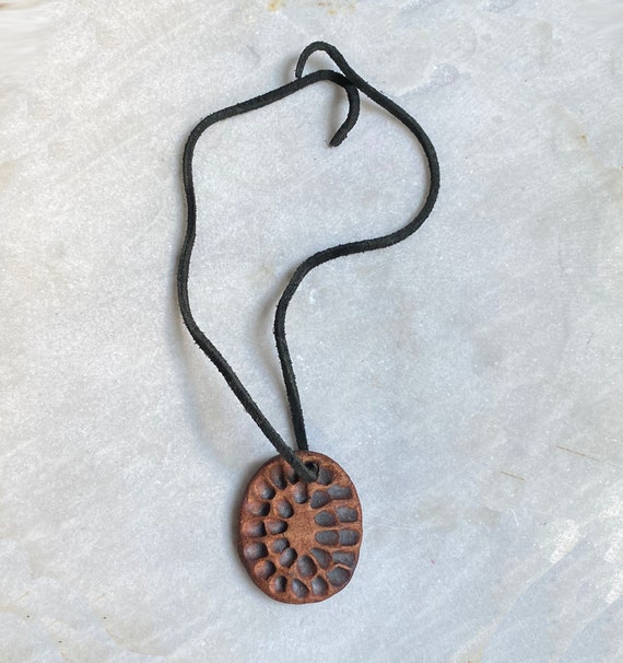 70's Artisan Ceramic Pendant on Leather Cord, Ova… - image 2