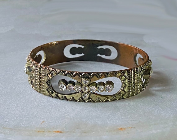 Vintage Bangle, Brass Bangle, Cutout Bangle, Brass Rhinestone Bangle, Boho Bangle, 70's Bangle, Stamped Brass Bangle, 1/2 Inch Bangle
