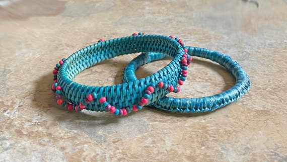 80's Turquoise Wicker Stacking Bangles - image 1
