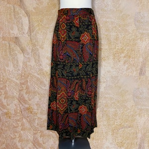 Vintage Skirt, 1980's, Ankle Length, Pleated Geiger, Wool, Paisley, Middle Eastern Print, Red Black Green, Small/Medium, Dead Stock