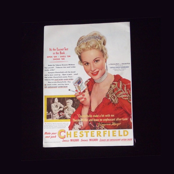 50's Vintage Cigarette Ad, 50's Advertisement, Vintage Chesterfield Cigarettes Ad, 50s Cigarette Ad, Virginia Mayo Poster,