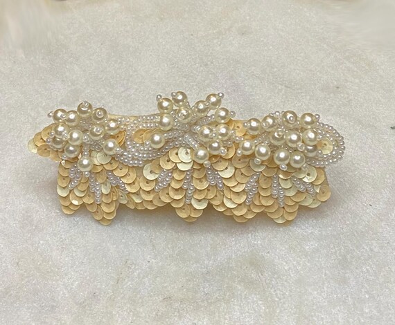 Vintage Sequin Hair Clip, Sequin and Faux Pearl Barrette  display picture 2