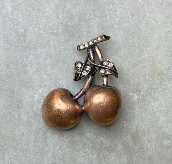 Vintage Brooch, 40s Brooch, 50s Brooch, Copper and Rhinestone Brooch, Copper Brooch, Rhinestone Brooch, Cherries Brooch, Vintage Pin