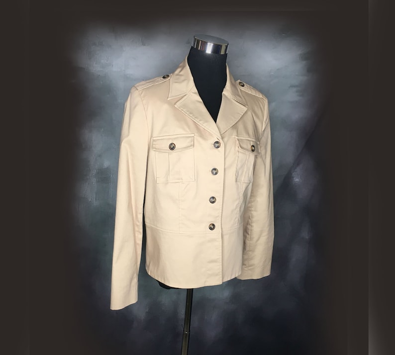 Epaulets Militrary Style Chest Pockets Vintage Khaki Jean Jacket 1990/'s Luxury is a State of Mind Medium Banded Waist Apostrophe