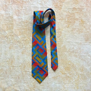 70s Wide Polyester Tie, Mod Tie, Geometric Print Tie, Neon Colors Tie, Red Gold Blue Tie, 4 1/2" Wide Tie, Beau Brummel Tie, Vintage 70s Tie