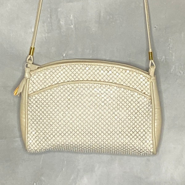 80's Whiting & Davis Ivory Mesh Shoulder Bag, Whiting and Davis White Metal Mesh Bag, Leather and Enamel over Metal Crossbody Bag,