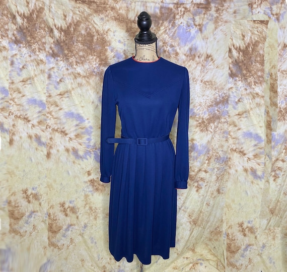 70's Navy Belted Knit Knee Length Dress, Schrader… - image 1